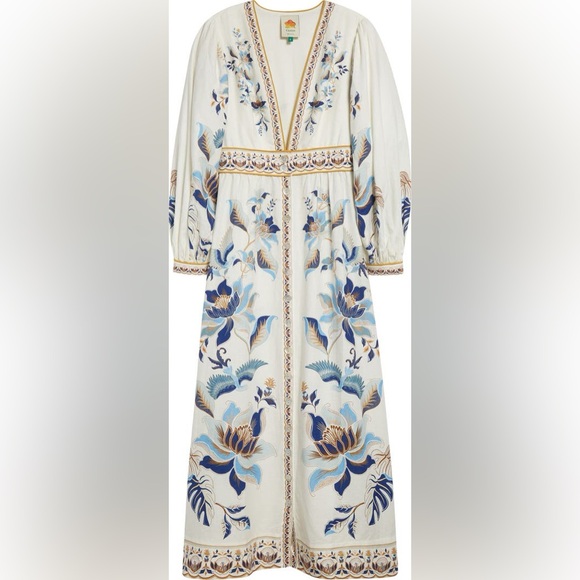 Farm Rio Mystic Blue Lotus Placed Print Long Sleeve Linen Blend Maxi Dress - Picture 9 of 16